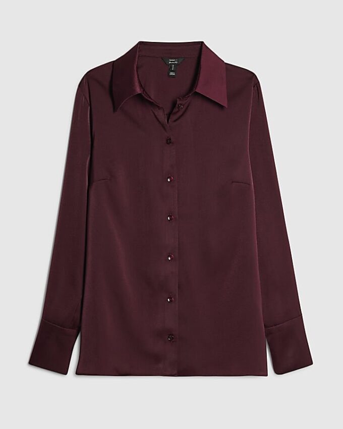Red Satin Long Sleeve Slim Fit Shirt