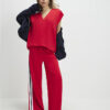 Red Short Sleeve Tape Detail V Neck Top