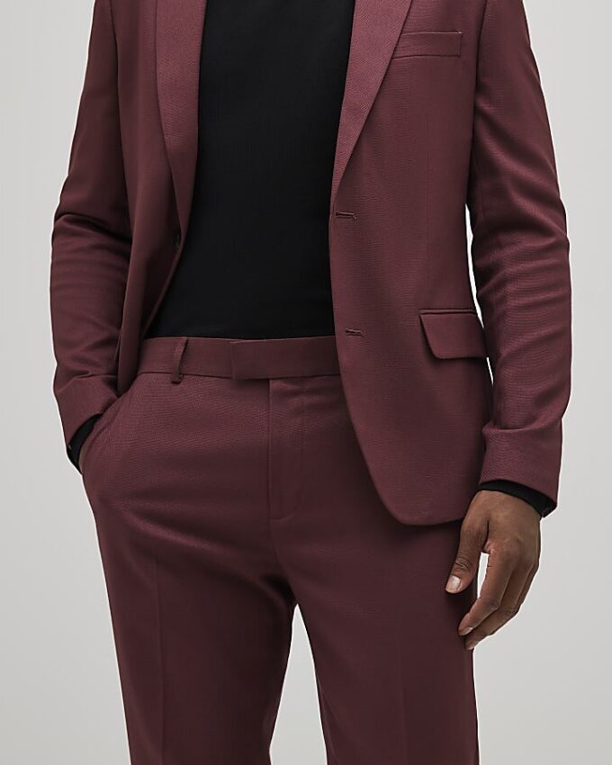 Red Skinny Fit Textured Suit Trousers