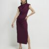 Red Sleeveless Ruched Midi Dress