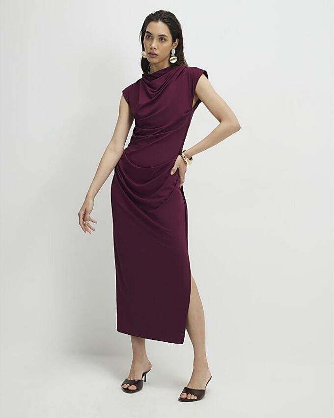 Red Sleeveless Ruched Midi Dress
