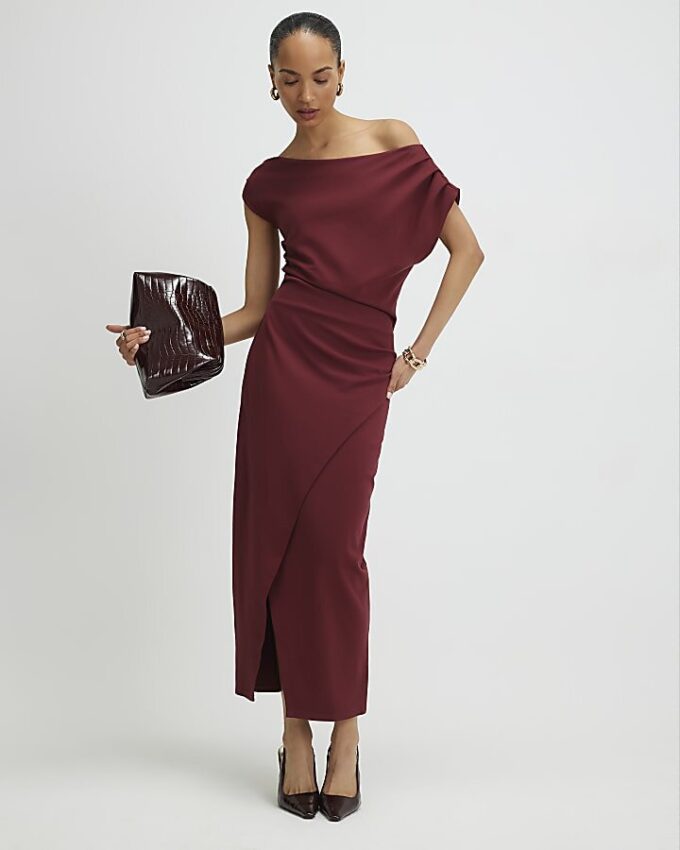 Red Stretchy Draped Midi Dress Red Stretchy Draped Midi Dress