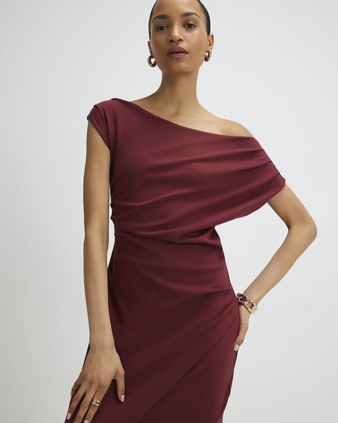 Red Stretchy Draped Midi Dress Red Stretchy Draped Midi Dress