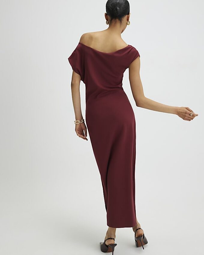 Red Stretchy Draped Midi Dress Red Stretchy Draped Midi Dress