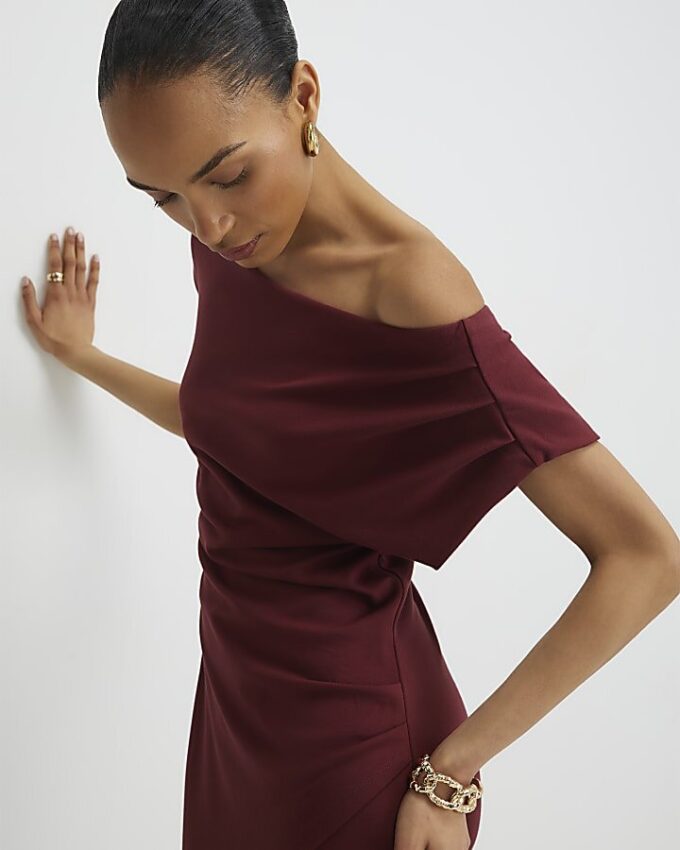 Red Stretchy Draped Midi Dress Red Stretchy Draped Midi Dress
