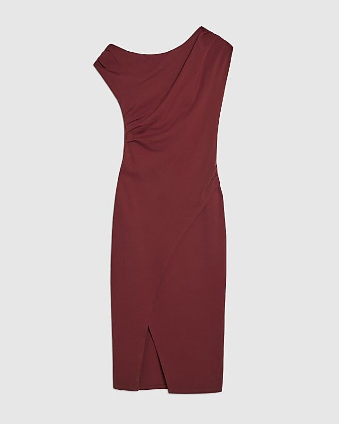 Red Stretchy Draped Midi Dress Red Stretchy Draped Midi Dress