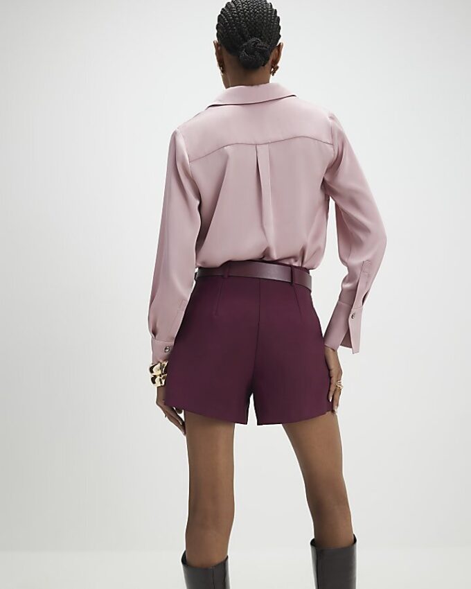 Red Structured Belted Shorts