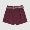 Red Structured Belted Shorts