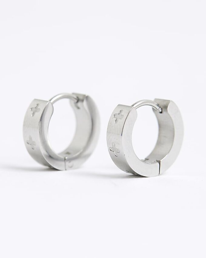 Silver Stainless Steel Cross Hoop Earrings