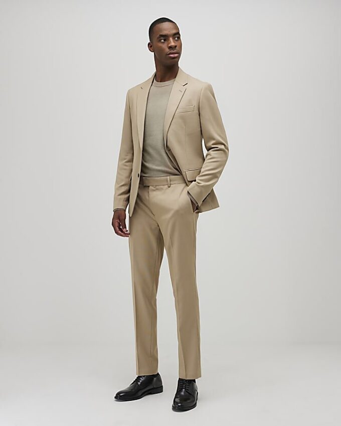 Stone Skinny Fit Textured Suit Trousers