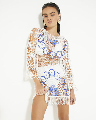 White Crochet Long Sleeve Mini Beach Dress