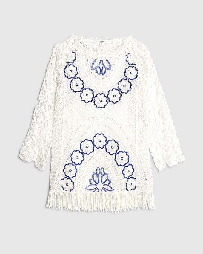 White Crochet Long Sleeve Mini Beach Dress