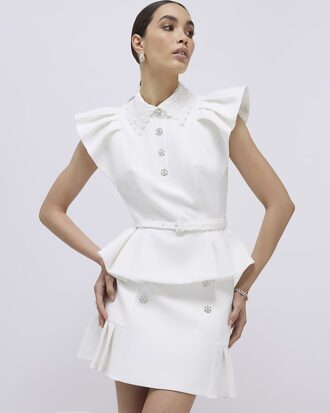 White Diamante Pleated Mini Skirt