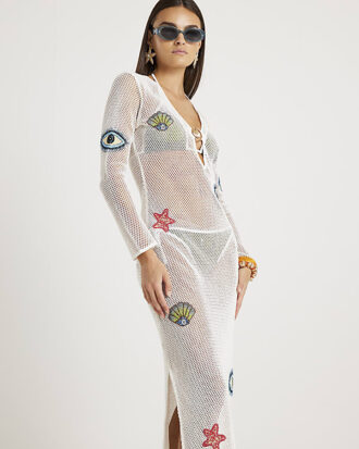 White Embroidered Knit Maxi Beach Dress