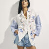 White Embroidered Patchwork Stripe Shirt