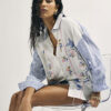 White Embroidered Patchwork Stripe Shirt