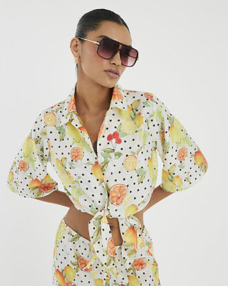 White Fruit Polka Dot Print Beach Shirt