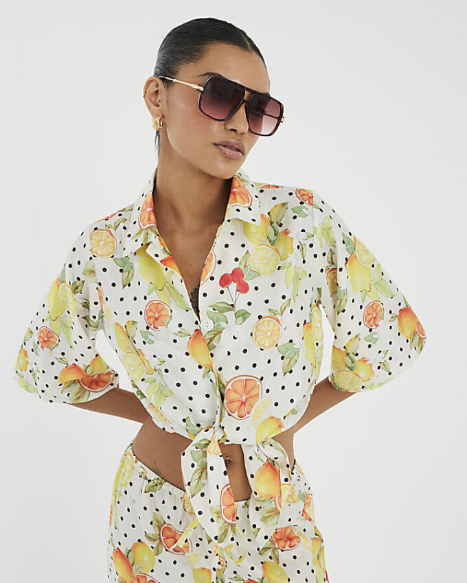White Fruit Polka Dot Print Beach Shirt