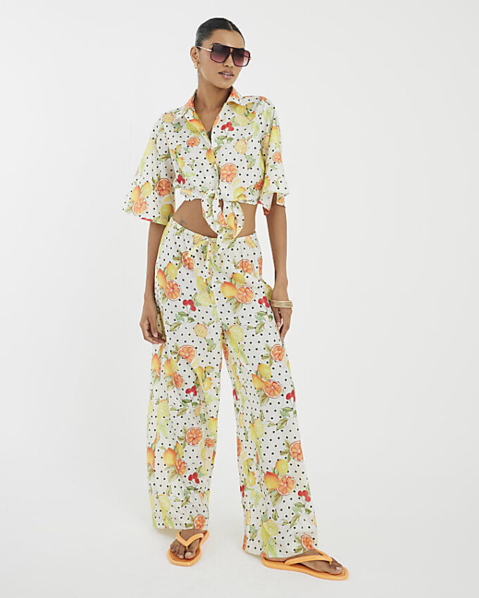 White Fruit Polka Dot Print Beach Shirt