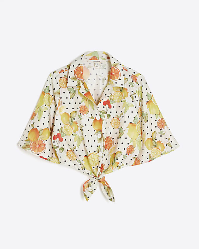 White Fruit Polka Dot Print Beach Shirt