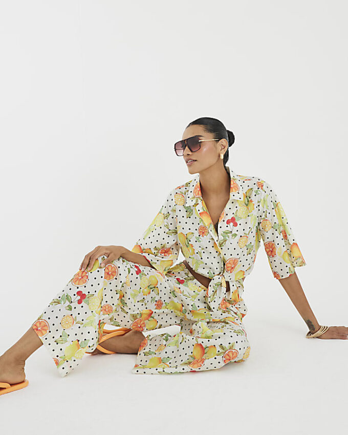 White Fruit Print Beach Trousers