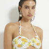 White Fruit Print Textured Bandeau Bikini Top