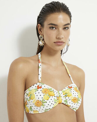 White Fruit Print Textured Bandeau Bikini Top