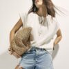 White Linen Blend Tie Neck Top