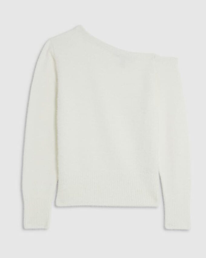 White Long Sleeve Asymmetric Fluffy Top