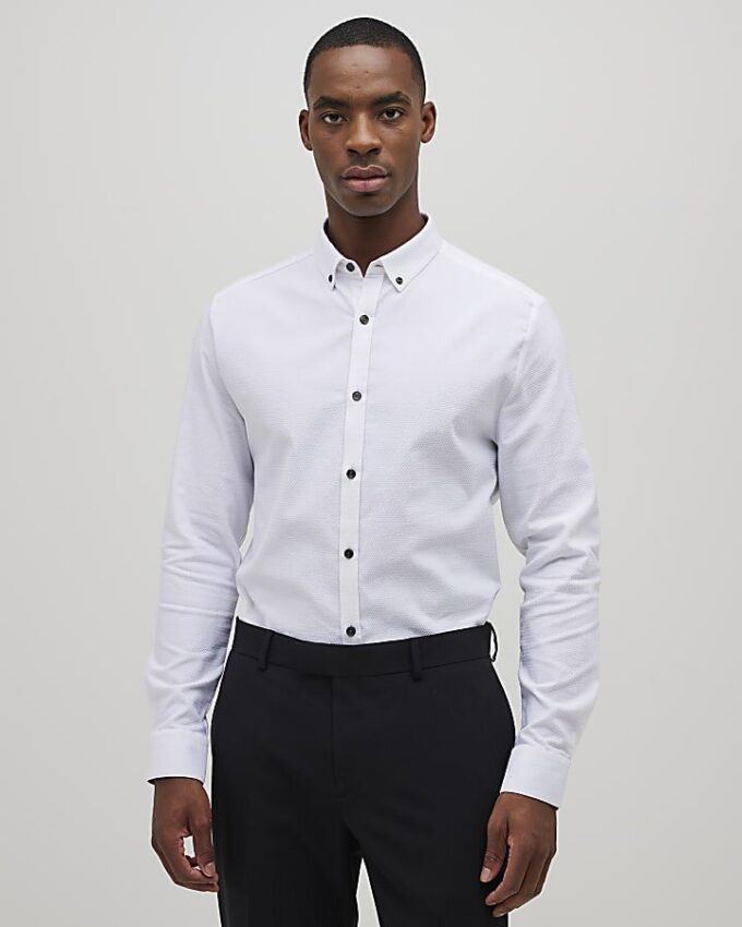 White Long Sleeve Textured Muscle Fit Shirt