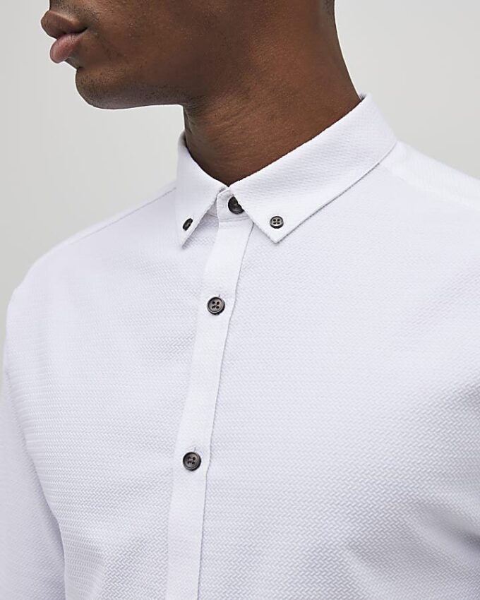White Long Sleeve Textured Muscle Fit Shirt