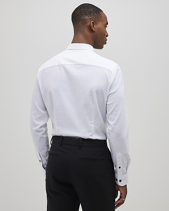 White Long Sleeve Textured Muscle Fit Shirt
