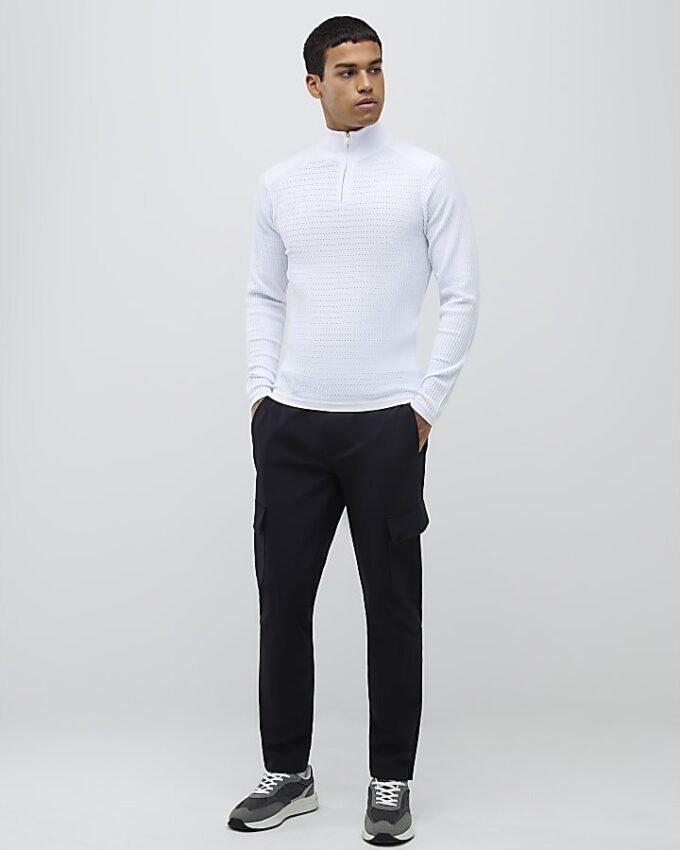 White Muscle Fit Brick Knitted Funnel Jumper