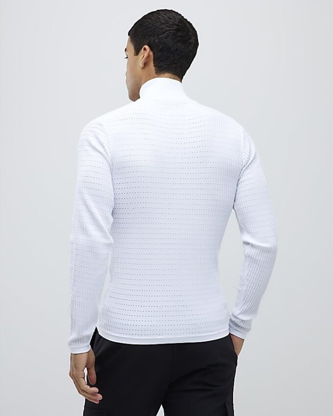 White Muscle Fit Brick Knitted Funnel Jumper