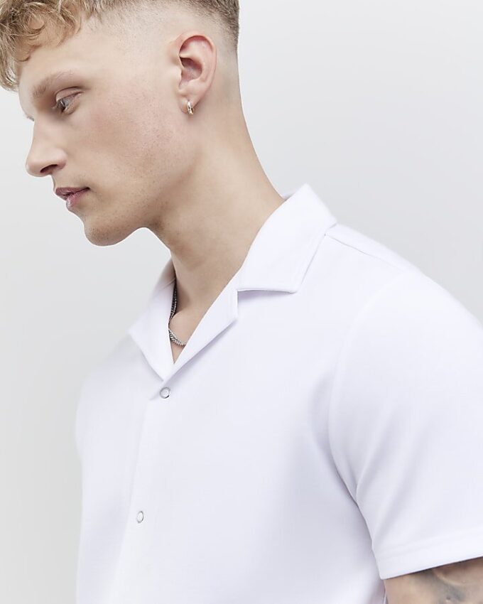 White Muscle Fit Ring Snap Shirt