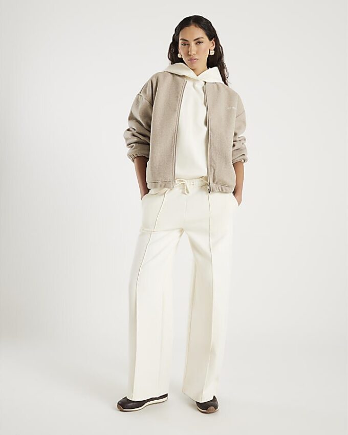 White Premium Wide Leg Pintuck Joggers
