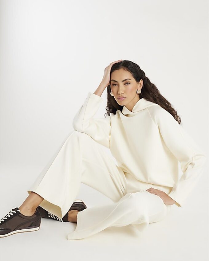 White Premium Wide Leg Pintuck Joggers