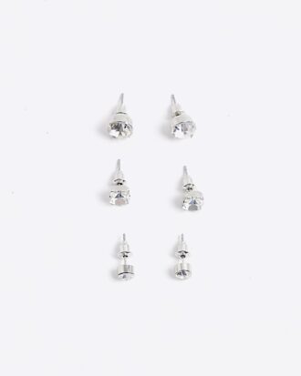 White Rhinestone Stud Pack Of 3 Earrings