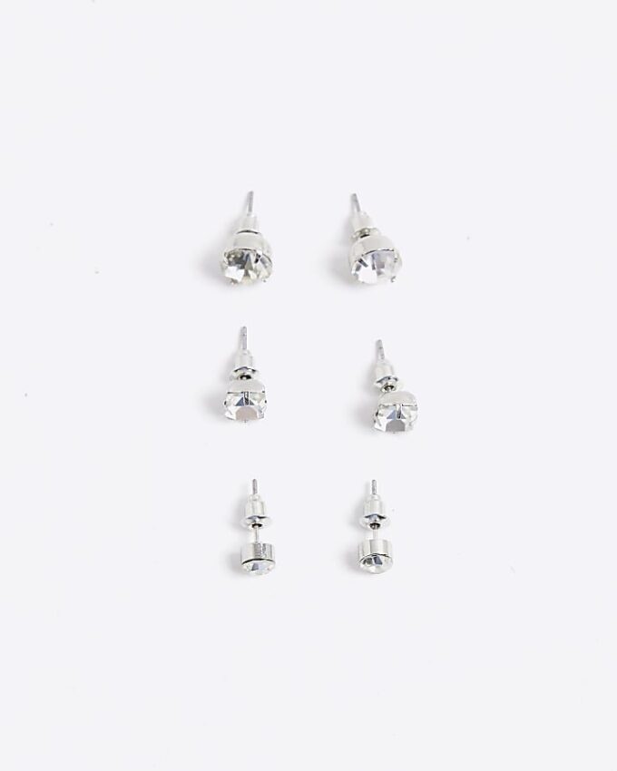 White Rhinestone Stud Pack Of 3 Earrings