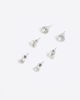 White Rhinestone Stud Pack Of 3 Earrings