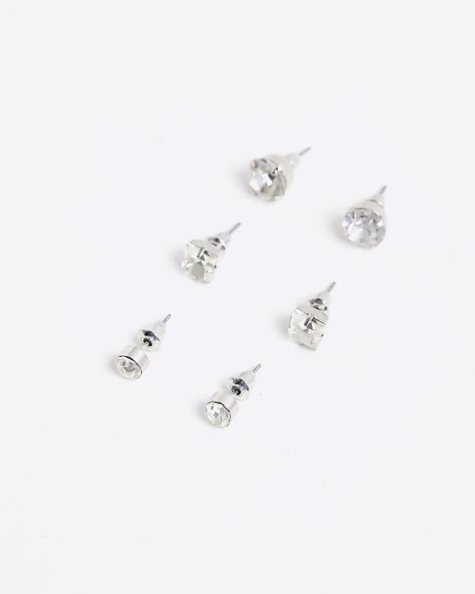White Rhinestone Stud Pack Of 3 Earrings