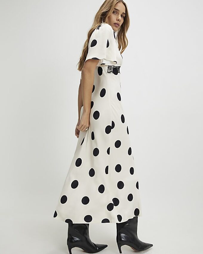 White Satin Polka Dot Midi Slip Dress
