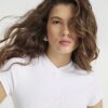 White Short Sleeve High V Neck Ribbed Top