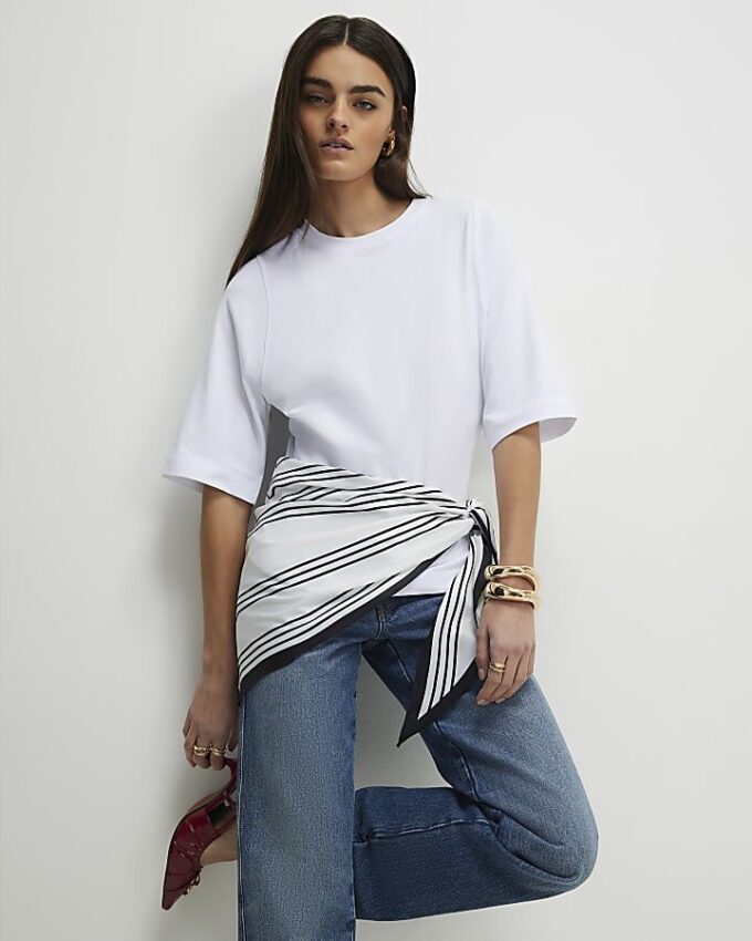 White Short Sleeve Scarf Mix T-Shirt