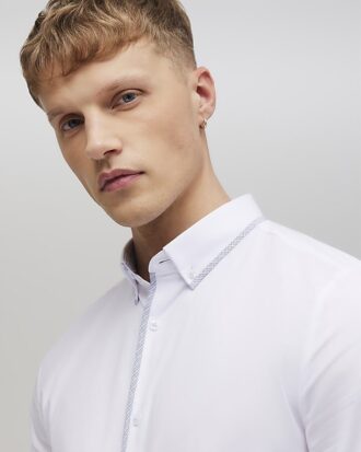 White Slim Fit Check Trim Shirt