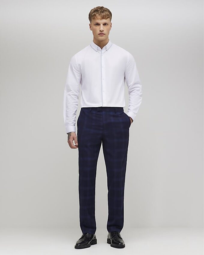 White Slim Fit Check Trim Shirt