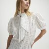 White Striped Short Sleeve Pussybow Blouse