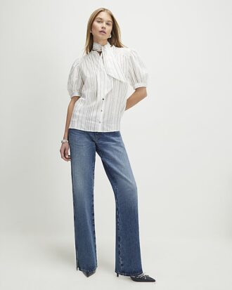 White Striped Short Sleeve Pussybow Blouse