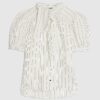 White Striped Short Sleeve Pussybow Blouse