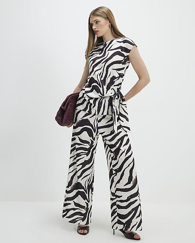 White Zebra Print Tie Side Top